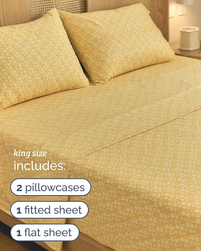 Floral Sheets - Yellow Floral Bed Sheet Set - 1 Flat, 1 Fitted & 2 Pillowcases w/ Deep Pockets - Comfy, Wrinkle & Fade Free - Boho Botanical Bedding - Ultra-Soft, Breathable & Cooling - King Size Set