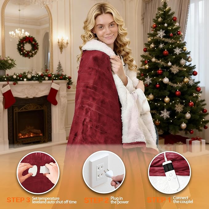 Electric Heated Blanket Queen Size 84''x90'' - Dual-Control Heating Blanket, Soft & Warm Flannel 10-Level Temperature Control, 8 Hours Auto Off, Rapid Heating & Overheat Protection