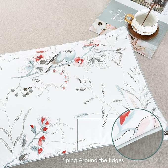 WINLIFE 100% Cotton Pillowcases Garden Floral Birds Printed on White Pillow Cases Pillow Cover Set of 2 (Standard 20x26 inches, Birds Floral)
