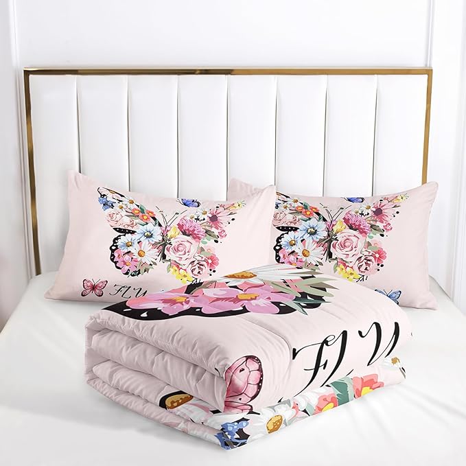 Pink Floral Butterfly Tower Comforter Set Queen Girl Butterfly Bedding Sets 3PCS for Kids Teen Adult Girl Room Decor Ultra-Soft Lightweight Microfiber 1 Comforter with 2 Pillowcases