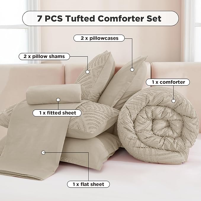 Andency Oatmeal Super King Plus Size Comforter Set with Sheets - 7 Pieces Bed in a Bag Boho Tufted Bedding Sets Fluffy Lightweight Oversized King Bed Set with Comforter, Sheets, Pillowcases & Shams