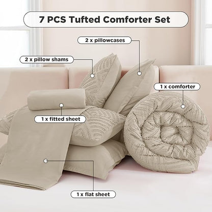 Andency Oversized King Size Comforter Set with Sheets Oatmeal - 7 Pieces Bed in a Bag Oversized King Boho Tufted Lightweight Bedding Sets with Comforter, Sheets, Pillowcases & Shams