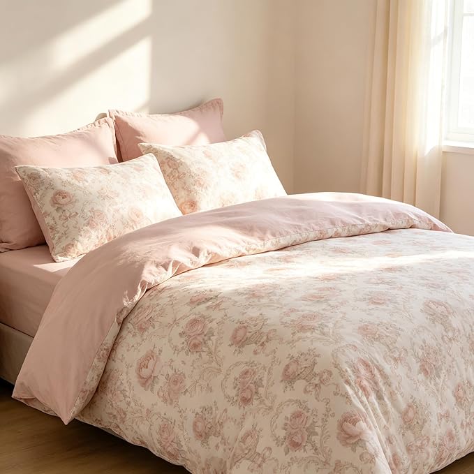 Coquette Cottagecore Comforter Set Queen Size, 3Pcs Shabby Chic Flower Bedding for Women Teen Girls, French Country Style Quilted Comforter with 2 Pillowcases, 90"x90"