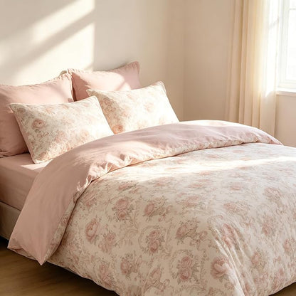 Coquette Cottagecore Comforter Set Queen Size, 3Pcs Shabby Chic Flower Bedding for Women Teen Girls, French Country Style Quilted Comforter with 2 Pillowcases, 90"x90"