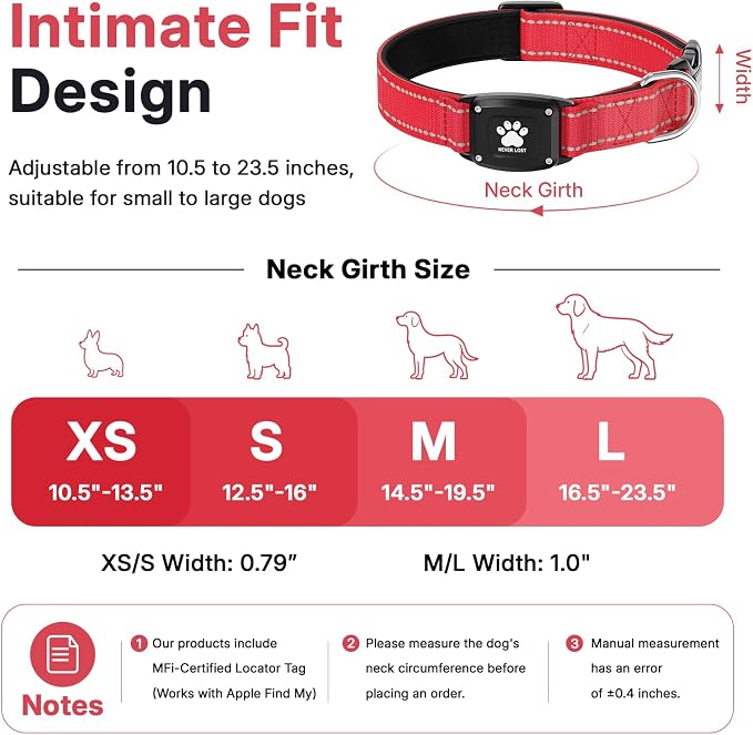GPS Dog Collar Tracker 2-in-1,Reflective Waterproof Pet Collar,iOS-Only,No Monthly Fees,Unlimited Range,Dog Tracking Collar Pet Tracker,for Small Medium Large Dogs(M (14.5"-19.5"), Red)