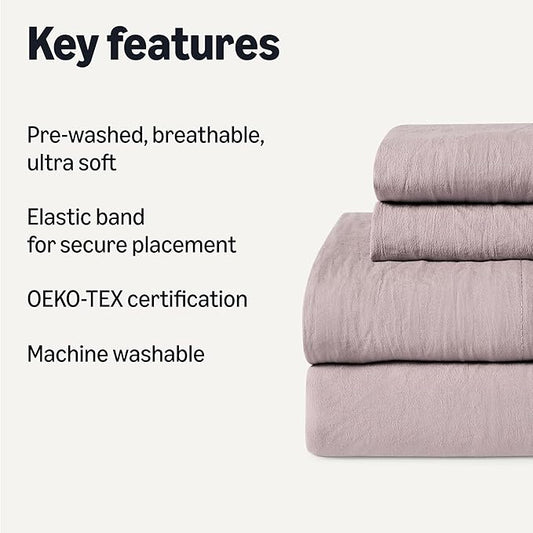 Amazon Basics King Bed Sheet, 4-Piece Bedding Set, Double Brushed Microfiber, Ultra Soft, Easy Care, Purple