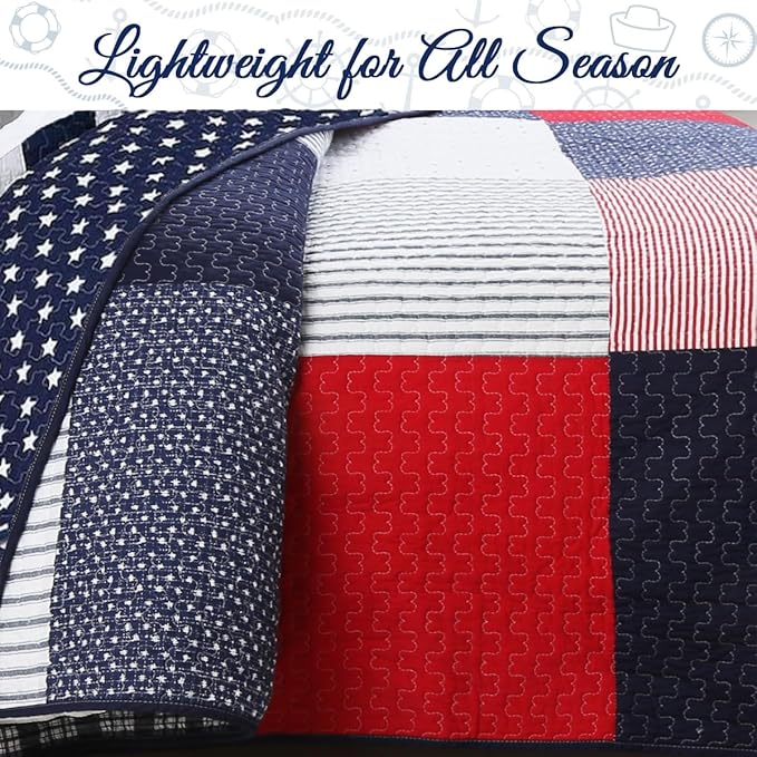 Cozy Line Home Fashions 100% Cotton Sailor Navy Blue Star Striped Print Cotton Reversible Bedding Quilt Set (Patriotic Patchwork, Queen)