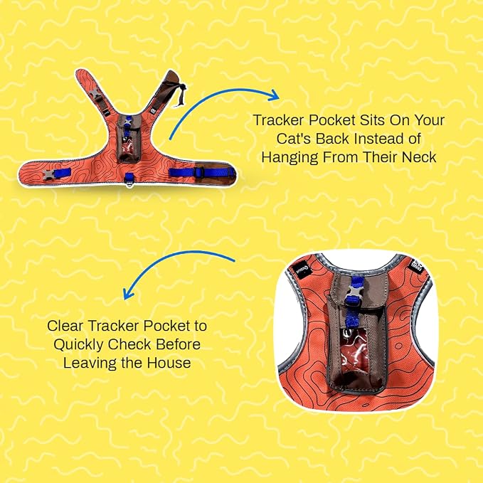 Travel CAT The Pathfinder Cat Harness with GPS Tracker Pocket - Powered by Tractive Cat Harness Escape Proof - Walking Escape Proof Harness for Small, Large Cat, Kitten (Orange, Small)