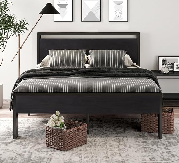 SHA CERLIN Full Size Bed Frame, Wooden Headboard and Footboard, Black Oak | Rounded Corners, 12 Metal Slats, Noise-Free Design, 12-Inch Storage, No Box Spring, 40-Minute Assembly