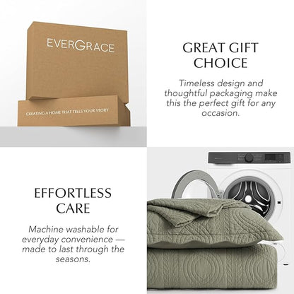 EVERGRACEHOME 100% Cotton Scallop Quilt Set, Queen Size 3 Piece Set – Lightweight Bedspread with 2 Shams, Soft Prewashed Matelasse Coverlet for Cozy and Elegant Bedding, Olive Green