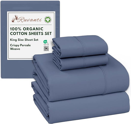 RUVANTI 100% Organic Cotton Sheets King Size, Percale Weave, GOTS Certified, 4-Piece Set, Deep Pocket 15", Crisp & Breathable, Soft Durable Bedding, Sábanas Algodón Orgánico – Wild Wind