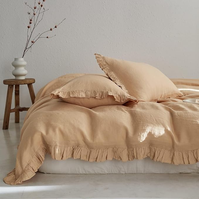 Simple&Opulence 100% Linen Euro Sham Covers with Ruffle, 26x26 Inch Pillow Covers Set of 2, Euro Pillow Shams for Bed Couch French Home Decor Luxury and Breathable Square Pillow Cases, Sand