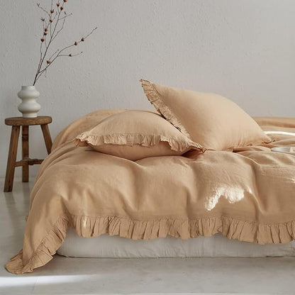 Simple&Opulence 100% Linen Euro Sham Covers with Ruffle, 26x26 Inch Pillow Covers Set of 2, Euro Pillow Shams for Bed Couch French Home Decor Luxury and Breathable Square Pillow Cases, Sand