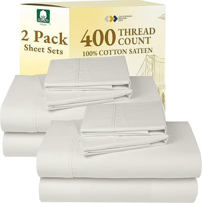 California Design Den 2-Pack Full 100% Cotton Sateen 400 Thread Count Sheets - Soft and Breathable Sheets, 2 Sets of Deep Pocket Bed Sheets - Ivory (Pale Tone)