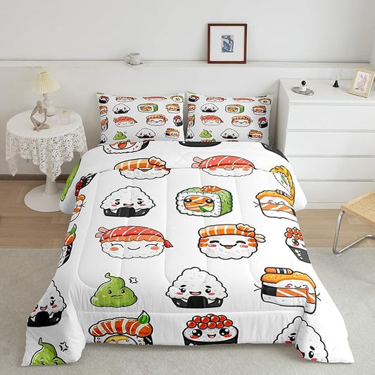 Feelyou Sushi Pattern Comforter Set Japanese-Style Bedding Set for Kids Boys Girls Teens Food Theme Comforter Cute Cartoon Japanese Sushi Duvet Set Room Decor Quilt Set Toddler Size Microfiber