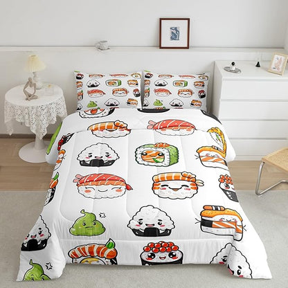 Feelyou Sushi Pattern Comforter Set Japanese-Style Bedding Set for Kids Boys Girls Teens Food Theme Comforter Cute Cartoon Japanese Sushi Duvet Set Room Decor Quilt Set Full Size Microfiber