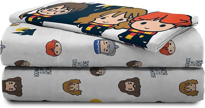 Jay Franco Kids Sheet Cartoon Set with Fitted, Flat Sheets & Pillow Cover - Ultra-Soft Bedding with Pillowcase for Room Decor, Grey - Harry Potter, 3 Piece Twin