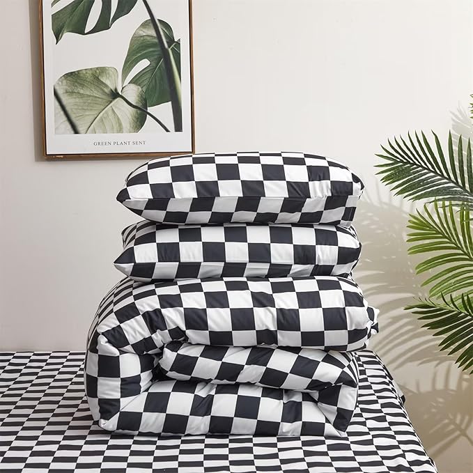 Houseri Black and White Plaid Comforter Set Twin Boys Buffalo Checkered Bedding Kids Girls Black Checkerboard Comforters Twin Size Comfy Soft Chessboard Grid Gingham Bed Dorm Quilts Blankets Twin 3PCS