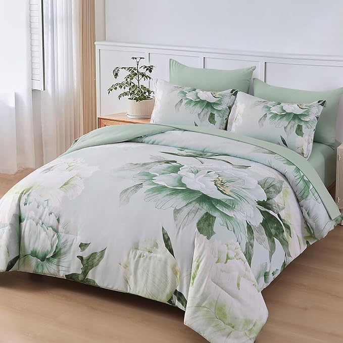 Dobuyly Floral King Size Comforter Set 7 Piece Bed in a Bag, Sage Green Reversible Comforter Set with Sheets, Soft Microfiber Botanical Flowers Summer Bedding Set for All Season