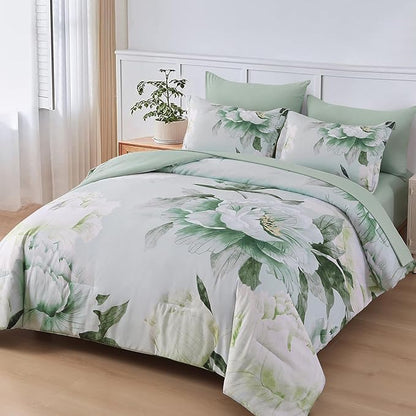 Dobuyly Floral King Size Comforter Set 7 Piece Bed in a Bag, Sage Green Reversible Comforter Set with Sheets, Soft Microfiber Botanical Flowers Summer Bedding Set for All Season