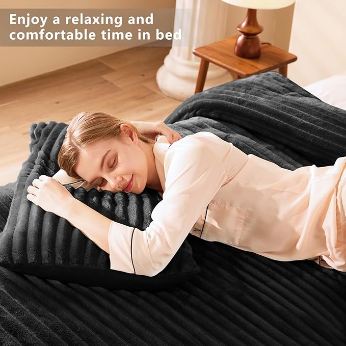 CozyLux Fluffy Queen Comforter Set - Super Soft Faux Fur Black Comforter Queen Size, Winter Warm Fleece Bedding Set, 3 Pieces Plush Fuzzy Bed Set (1 Shaggy Comforter, 2 Pillowcases)