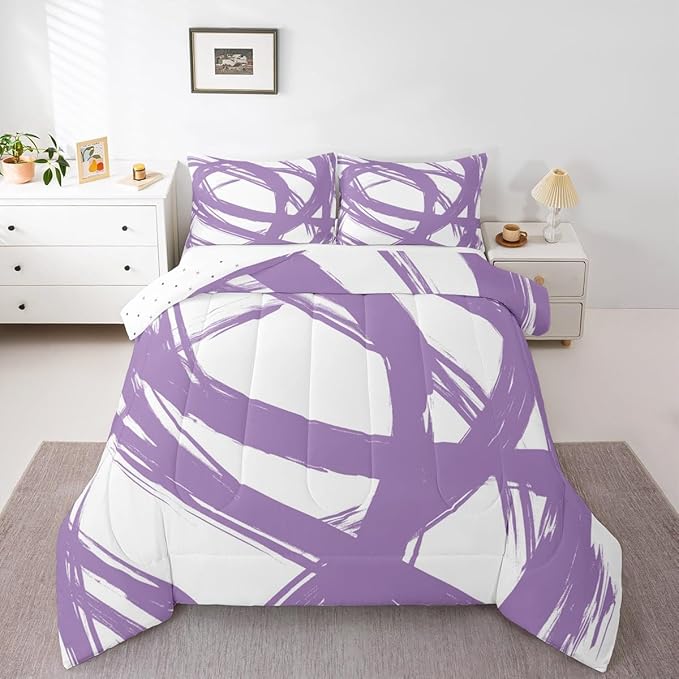 Purple and White Striped Bedding Set Full Size for Adults Youth Teens,Contemporary Boho Modern Art Comforter Set,Graffiti Stripes Lines Quilt,Aesthetic Geometric Duvet Insert for Minimalists