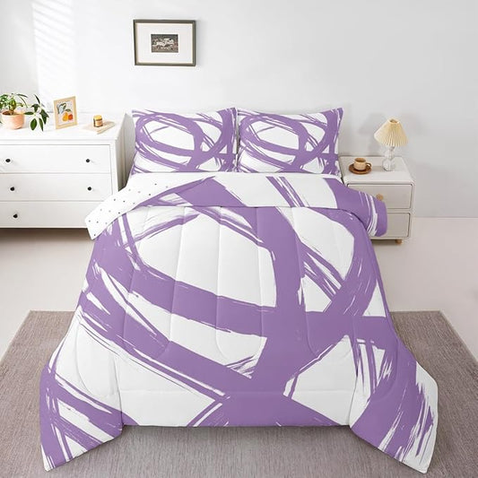 Purple and White Striped Bedding Set Full Size for Adults Youth Teens,Contemporary Boho Modern Art Comforter Set,Graffiti Stripes Lines Quilt,Aesthetic Geometric Duvet Insert for Minimalists