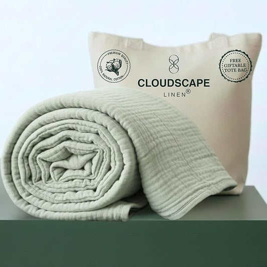 CLOUDSCAPE 100% Cotton 4 Layer Muslin Blanket Queen Size, Oversized, 92x92 Fits Upto Full Size Bed, Soft Breathable, Lightweight Layering, Summer Blanket for Adults, Spring Gift Idea- Seafoam