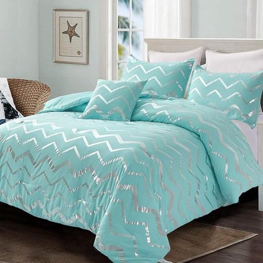 Menghomeus Aqua Comforter Set Queen Size Metallic Teal and Silver Bed Comforter 4 Piece Soft Microfiber Bedding for Teen Girls Women (2 Pillow Shams + 1 Decorative Pillow Sham)