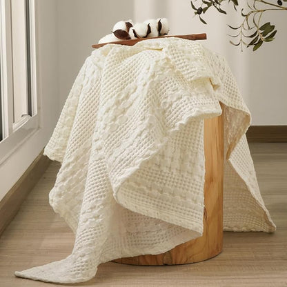 PHF 100% Cotton Waffle Weave Throw Blanket, Soft Lightweight Breathable Cozy Throws for Couch Bed Sofa, Luxury Aesthetic Blanket Gift for Home Decor & Office, 50"x60", Cannoli Cream