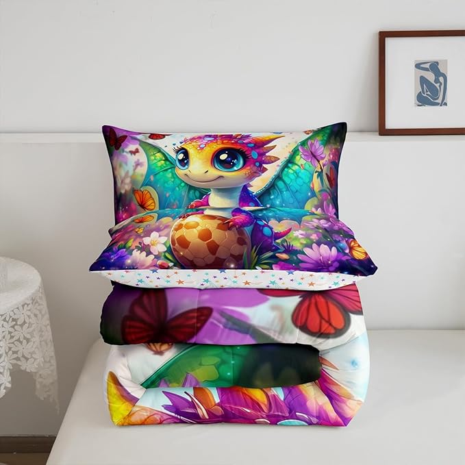 Cartoon Dragon 3 Pcs Queen Size Comforter Set,Watercolor Flowers Butterfly Down Alternative Adults Bedroom Decor,Baby Dragon Eggs Ultra Soft Microfiber Inner Fill 3Pcs Bedding