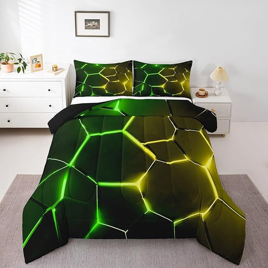 Feelyou Honeycomb Comforter Green Yellow Hexagonal Print Bedding Set for Kids Boys Girls Children Beehive Geometrical Comforter Set Ultra Soft Decor Reticulated Duvet Set Queen Size