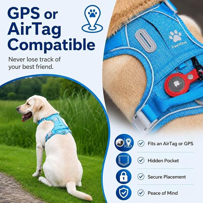 No Pull Dog Harness with Built-in Hidden AirTag & GPS Tracker Holder, Reflective Adjustable Escape-Proof Vest Harness for Small & Medium Dogs (Blue, M)