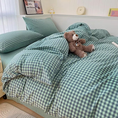 LifeTB Green Gingham Comforter Set Full Size Geometric Plaid Checkered Pattern Comforter Green Grid Plaid Printed Bedding Comforter Set with 2 Pillowcases Fluffy Soft Gingham Bedding Set Breathable