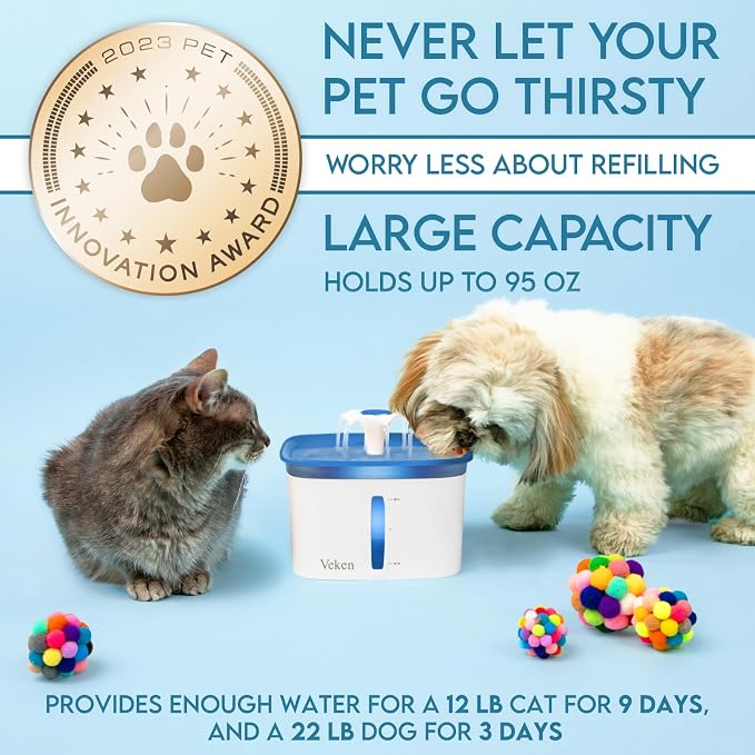 Veken Innovation Award Winner 95oz/2.8L Cat Water Fountain | Automatic Pet Fountain Dog Water Dispenser with 6 Replacement Filters & Silicone Mat for Cats, Dogs, Multiple Pets (Blue)