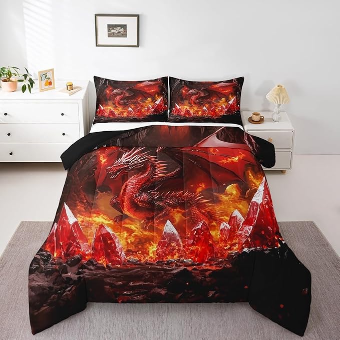 Castle Fairy Dragon Comforter Set Toddler Size,Glowing Flame Dragon Bedding Set for Kids Teens Bedroom,Western Fierce Animals Down Comforter,2 Pcs 1 Pillowcase