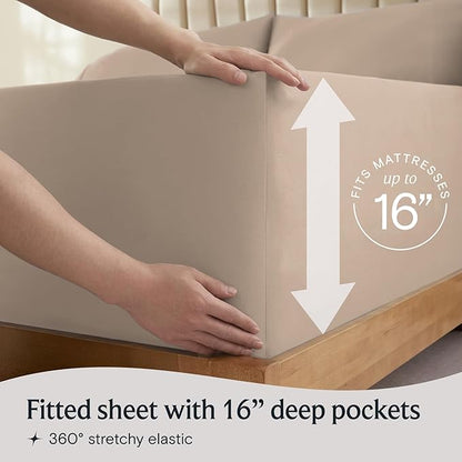 LuxClub 4 PC Queen Sheet Set, Breathable Luxury Bed Sheets, Deep Pockets 18" Wrinkle Free Cooling Sheets Machine Washable Hotel Bedding Silky Soft - Light Khaki Queen