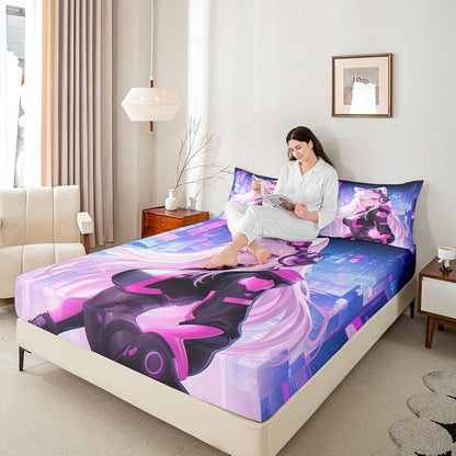 Erosebridal Queen Anime Girl Bed Sheets 3 Piece, Kawaii Japanese Anime Bedding Set Cartoon Girl Fitted Sheet Sci Fi Style Japanese Animation Sheets for Kids Girls Teens Adult Room