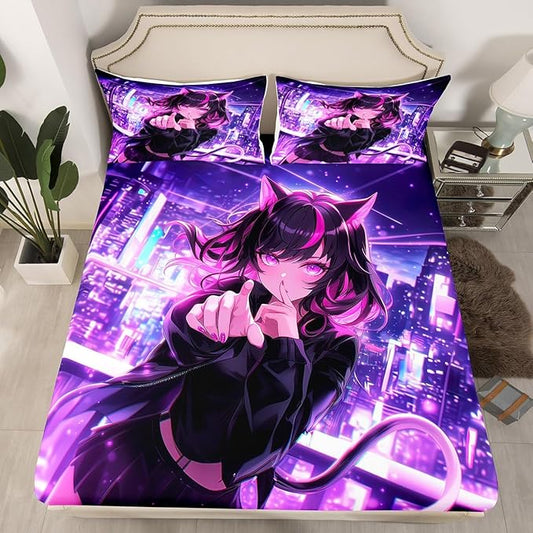 Erosebridal Kids Anime Girl Queen Size Bed Sheets, Japanese Anime Fitted Sheet, Cartoon Girl Bedding Set for Boys Teens Bedroom Decor, Kawaii Japanese Animation Bed Set with 2 Pillow Cases