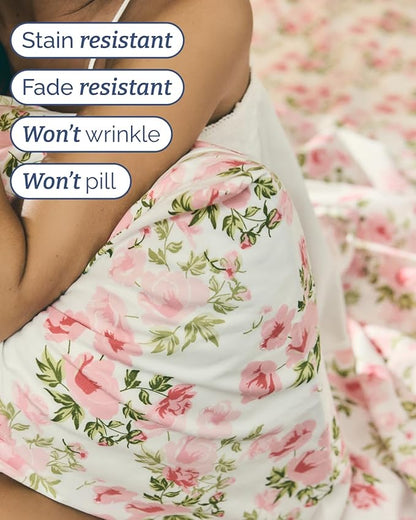 Floral Sheets - Pink Floral Bed Sheet Set - 1 Flat, 1 Fitted & 2 Pillowcases w/ Deep Pockets - Comfy, Wrinkle & Fade Free - Boho Botanical Bedding - Ultra-Soft, Breathable & Cooling - Queen Size Set
