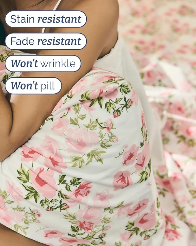 Floral Sheets - Pink Floral Bed Sheet Set - 1 Flat, 1 Fitted & 2 Pillowcases w/ Deep Pockets - Comfy, Wrinkle & Fade Free - Boho Botanical Bedding - Ultra-Soft, Breathable & Cooling - Full Size Set