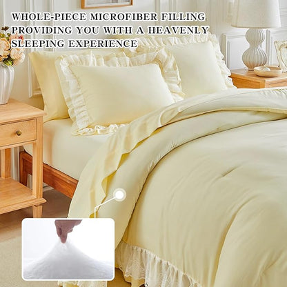 Joyreap Queen Size Comforter Set Yellow, 3pcs Lace Ruffled Bedding Comforter Set, Microfiber Vintage Boho Chic Bedding Set for All Season- 88x88 inches