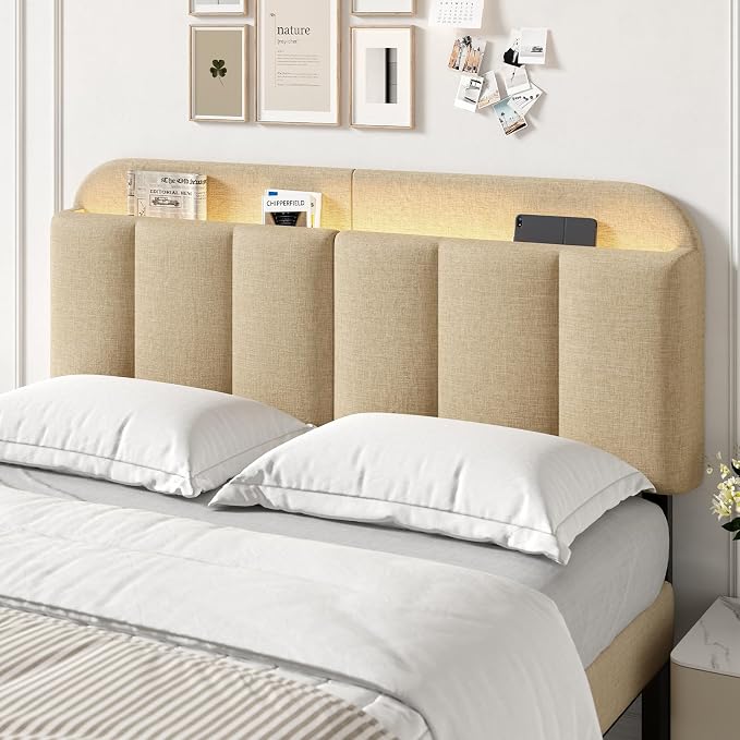 Queen Size Adjustable Headboard, Upholstered Headboard with Storage, APP Controlled LED Light, Padded Head Board Only, Sturdy Metal Foot Frame, Vertical Channel Design for Bedroom, Beige