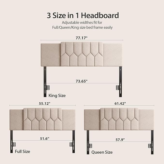 Upholstered Tufted Headboard, 3 in 1 Headboard for Full/Queen/King Size Bed, Height & Width Adjustable Head Board, Attach Frame, Study & Comfortable, Ideal for Bedroom, Dorm, Guest Room, Beige