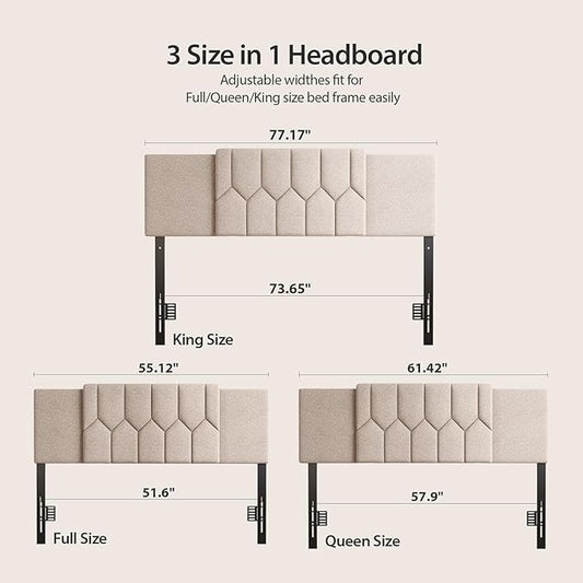 Upholstered Tufted Headboard, 3 in 1 Headboard for Full/Queen/King Size Bed, Height & Width Adjustable Head Board, Attach Frame, Study & Comfortable, Ideal for Bedroom, Dorm, Guest Room, Beige
