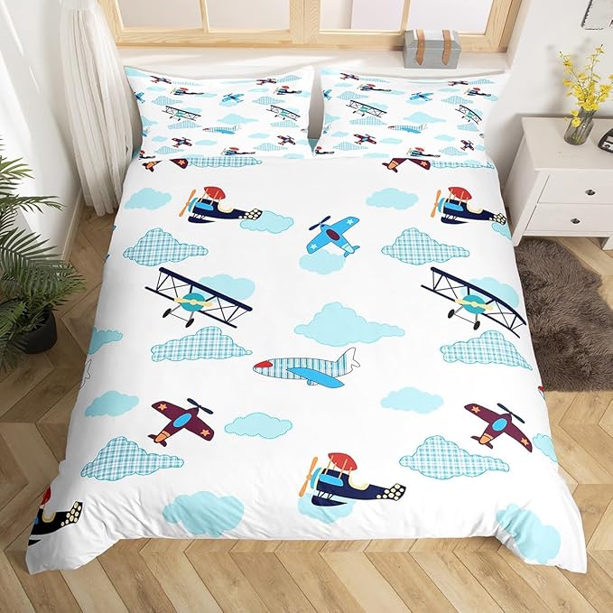 Castle Fairy Kids Aircraft Bedding Set Boys Teens Airplanes Duvet Cover Set Blue White Clouds Comforter Cover Chic Gingham Bedroom Quilt Cover 3Pcs Queen with 2 Pillowcase,No Comforter