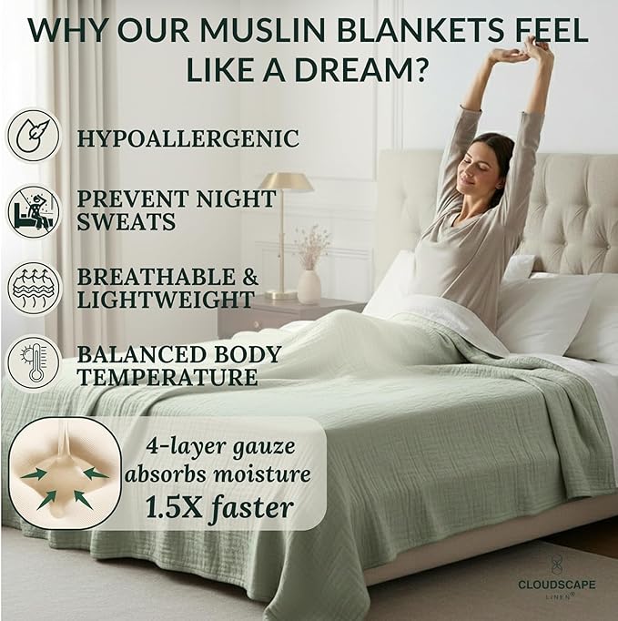 CLOUDSCAPE 100% Cotton 4 Layer Muslin Blanket Queen Size, Oversized, 92x92 Fits Upto Full Size Bed, Soft Breathable, Lightweight Layering, Summer Blanket for Adults, Spring Gift Idea- Olive Green