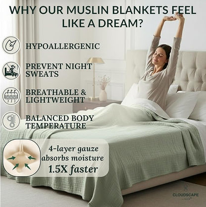 CLOUDSCAPE 100% Cotton 4 Layer Muslin Blanket Queen Size, Oversized, 92x92 Fits Upto Full Size Bed, Soft Breathable, Lightweight Layering, Summer Blanket for Adults, Spring Gift Idea- Olive Green