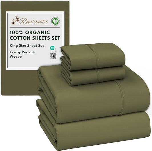 RUVANTI 100% Organic Cotton Sheets King Size, Percale Weave, GOTS Certified, 4-Piece Set, Deep Pocket 15", Crisp & Breathable, Soft Durable Bedding, Sábanas Algodón Orgánico – Olive
