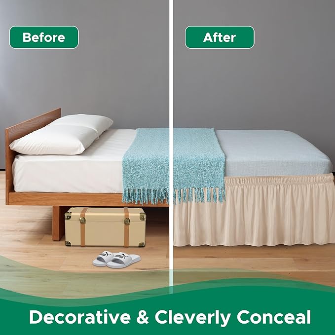Biscaynebay Wrap Around Bed Skirts for King & Cal King Beds 16" Drop, Sand Adjustable Elastic Dust Ruffles Easy Fit Wrinkle Resistant Silky Luxurious Fabric Machine Washable